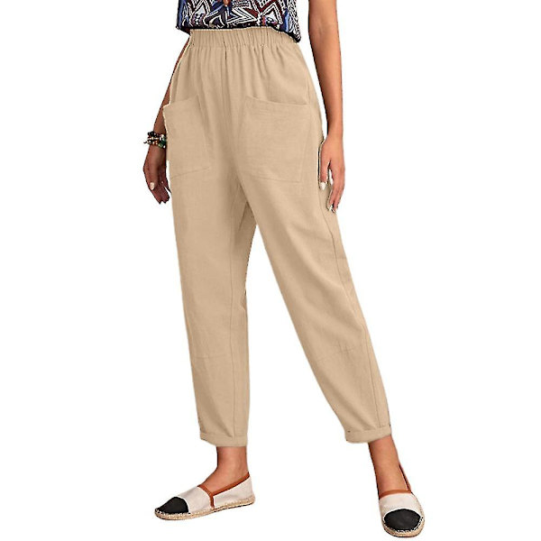 Cropped bukser med elastisk talje, løse, afslappede, lange, ensfarvede bukser Khaki XL