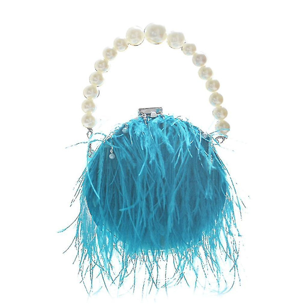 Dame Aften Clutch Taske Strudsefjer-skuldertaske Fluffy Perle-rem Pung Blue