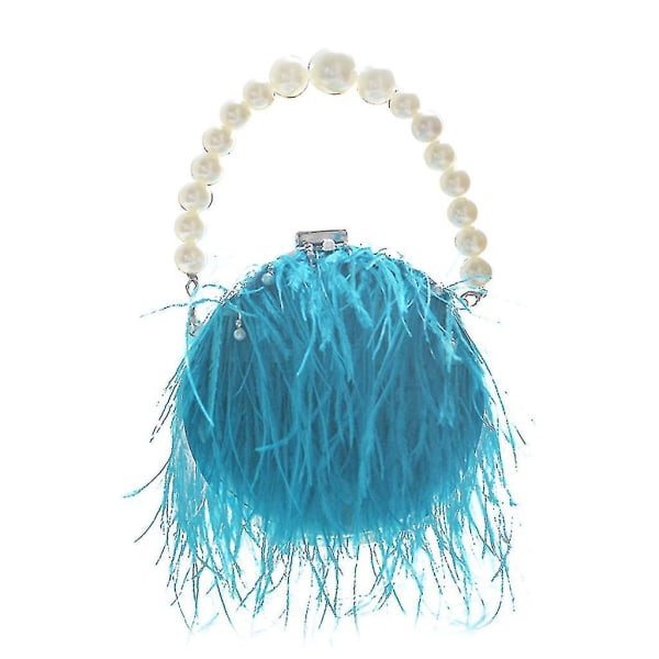 Kvinnors Aftonväska Clutch Väska Strutsfjäder-axelväska Fluffig Pärlrem-handväska Blue