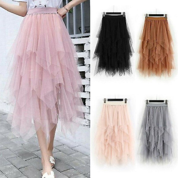 Dame Tulle Mesh Skjørt Høy Midje Lagdelt Plissert Maxi Lang Kjole One Size Apricot