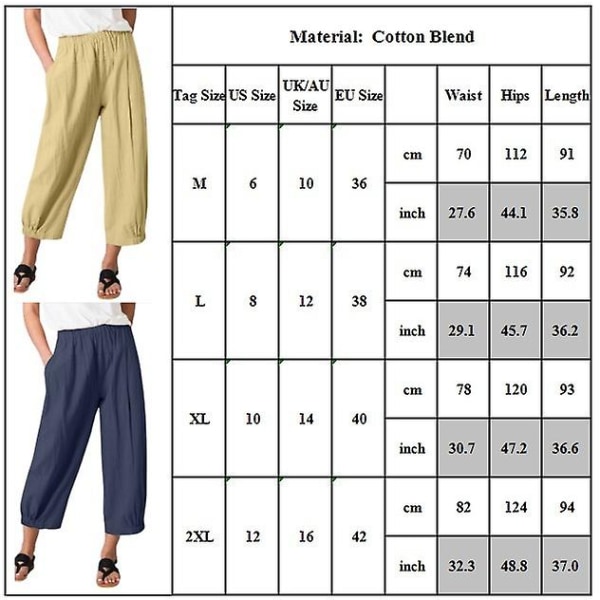 Dame Ensfarvede Elastiske Løse Cropped Bukser Sommer Casual Lange Bukser Khaki XL