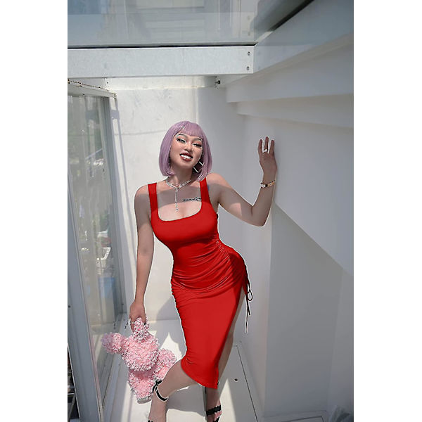 Dame Sommer Ærmeløs Side Slids Bodycon Rynket Midi Tank S-2xl X Style1 M