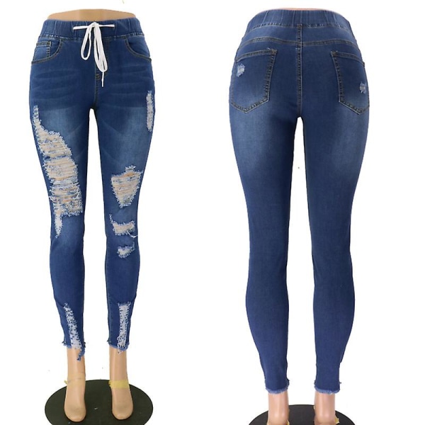 Slitna skinny-jeans för kvinnor med casual stretch-byxor Smal förstörd jean med hål Navy blue L