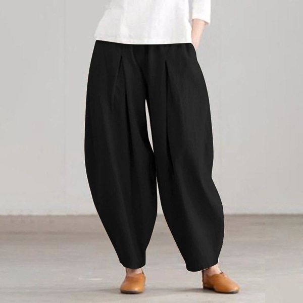Dame Bomuld Hør Look Harem Bukser Løse Ali Baba Lange Bukser Plus Størrelse Black M