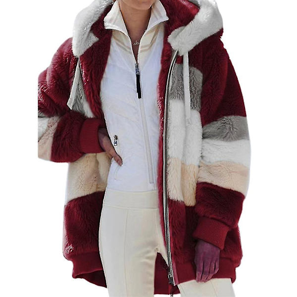 Dam Färgblock Långärmad Hooded Teddy Bear Fleece Jacka Vinter Varm Kappa Wine Red 4XL