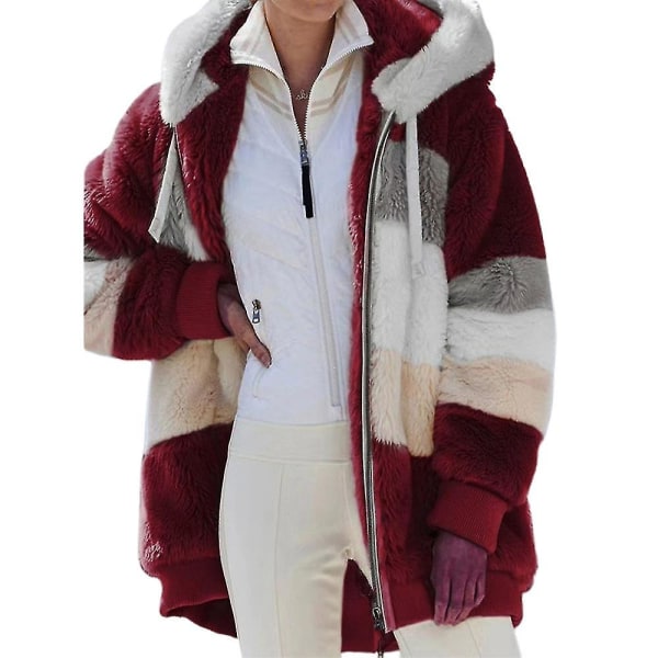 Dame Colourblock Langærmet Hætte Teddy Bear Fleece Jakke Vinter Varm Frakke Wine Red 5XL