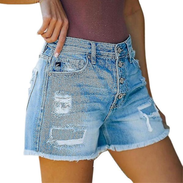 Kvinnor Hög Midja Denim Shorts Multi Button Destroyed Hot Pants Sommar Semester Korta Byxor M