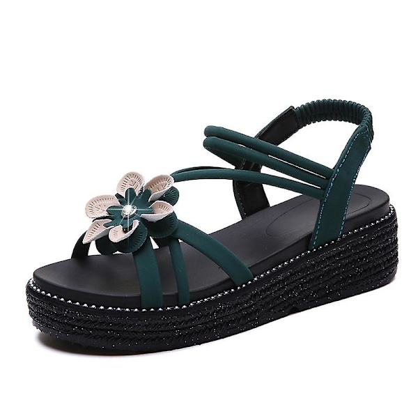 Romansk damesandal med elastisk bånd, åpen tå og plattform, sklisikker Dark green 36