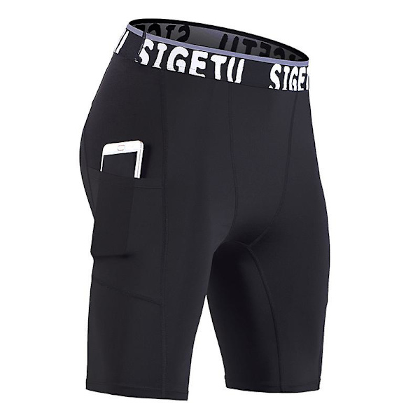 Løbetights shorts til mænd med lomme, hurtigtørrende elastiske sports compression gym shorts sommer fitness sweatpants Black 3XL