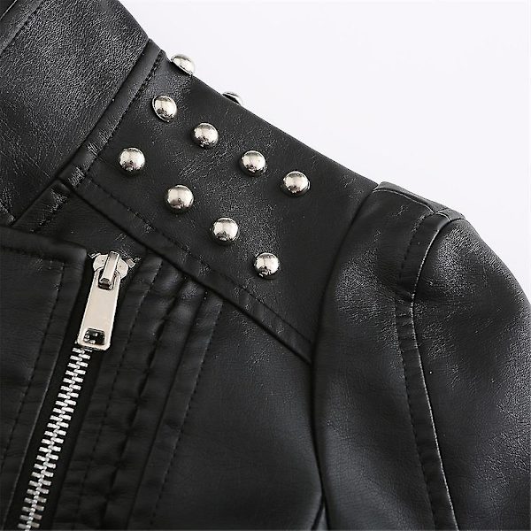 Dam Slim Fit Enfärgad Nitat Axel Dragkedja Kort Läderjacka Black M