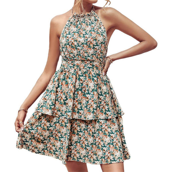 Sommerkjole til kvinder med halterneck, ærmeløs, lagdelt minikjole Green Apricot XL