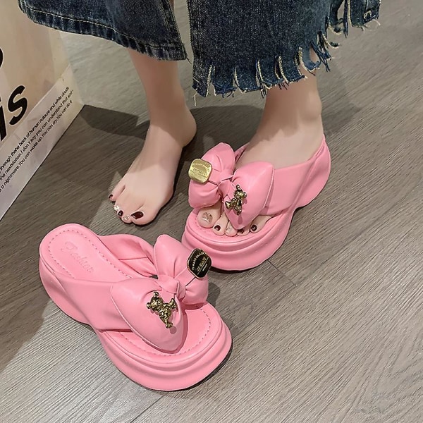 Sommar söta rosa damtofflor tjocka sulor skor casual plattform strand flip flops fritid fluga sandaler sneakers kvinna 2566 Pink 36