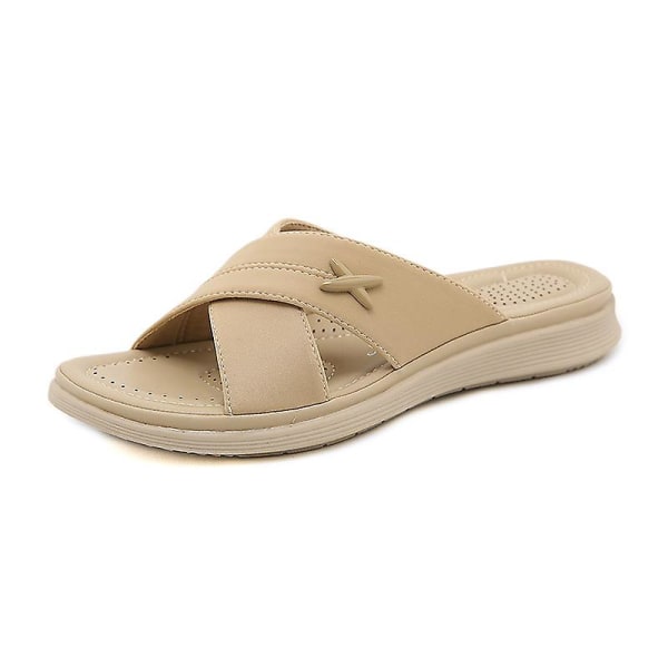 Dam Sandaler, Tofflor, Platta Skor, Sommar Öppen Tå Låga Klackar, Bekväma Strand Casual Skor Apricot color 42