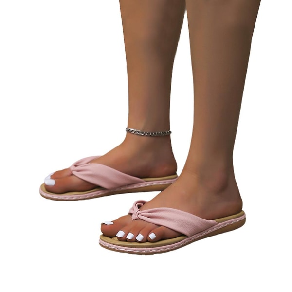 Dame Bowknot Flip Flops Slippers Casual Clip Toe Sandaler Sommer Strand Flade Sko Pink 36