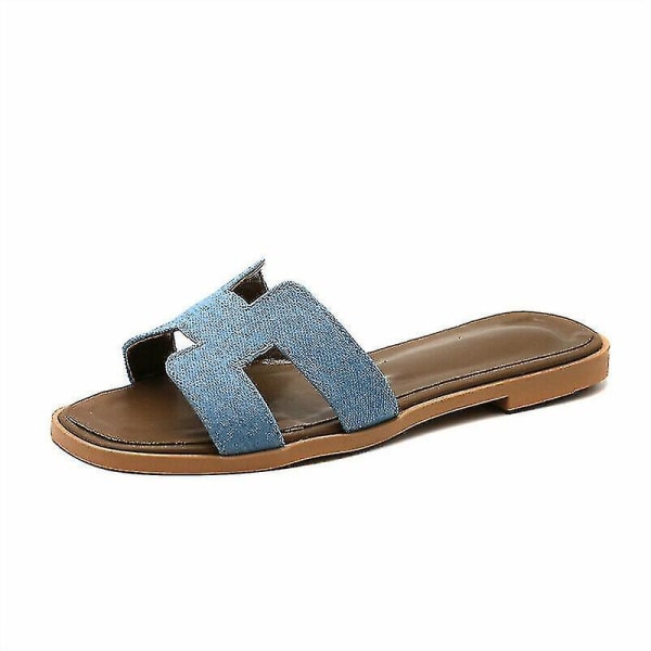 Dam sommarstrand platta sandaler kvinnliga tofflor utomhus kil sandaler plus storlek Blue EU35