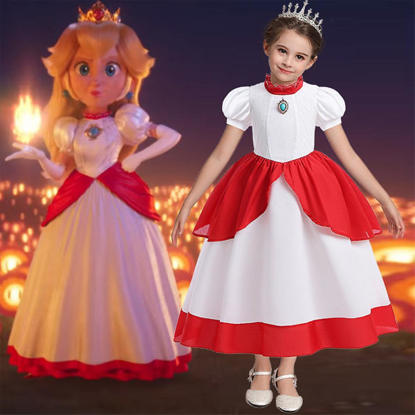Super Mario Princess Peach Cosplay Klänningar Barn Flickor Halloween Party Balklänning Fancy Dress Up 5-6 Years