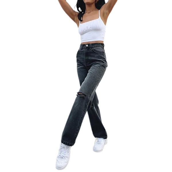 Dame Høj Talje Flåede Denim Bukser Løse Jeans med Lige Ben Black 2XL