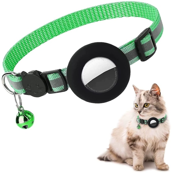 AirTag katthalsband, reflekterande AirTag katthalsband med klocka och vattentät AirTag hållare i silikon Green-Black