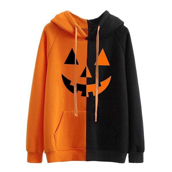Græskaransigt Hættetrøje Halloween Sort Og Orange Farveblok Hættetrøje Sweatshirt S