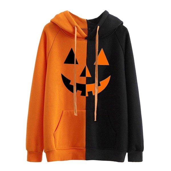 Pumpkin Face Hoodie Halloween Black And Orange Colourblock Hoodie Sweatshirt 2XL