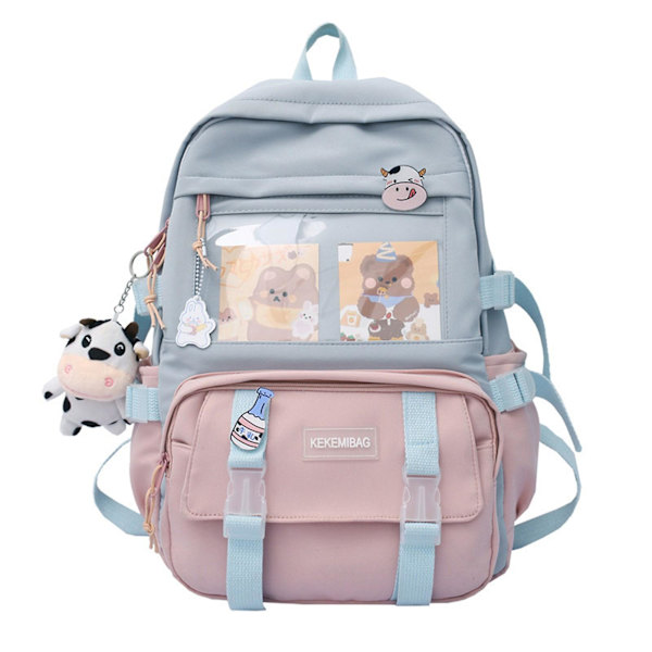 Reseryggsäck med tecknat mönster, skolryggsäck med flera fickor för tonårselever, pojkar och flickor Pink
