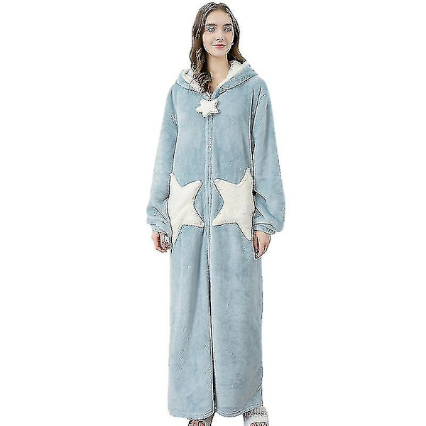 Dam Varm Morgonrock med Huva Mjuk Bekväm Flanell Lång Badrock Blue XL