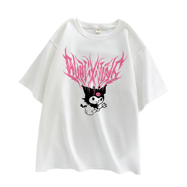 Kuromi Tecknat Tryck Dam T-shirt Kortärmad Harajuku Lös T-shirt Sommar Vardaglig Rundhalsad Topp White XL