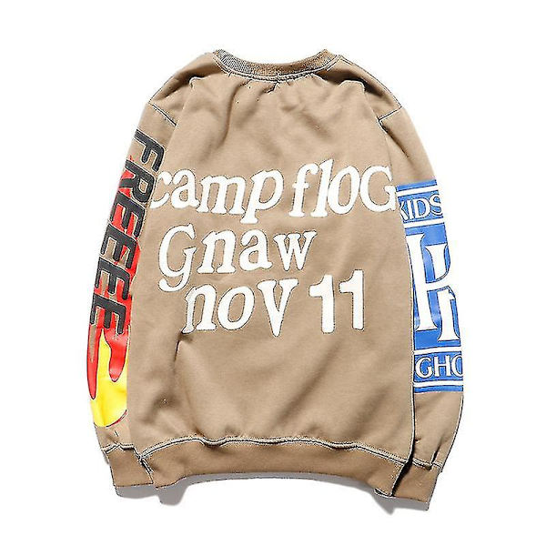 Herre- og damepar tøj Kanye sweater trendy mærke smiley print løs rund hals herre- og dame fleecejakke Khaki M