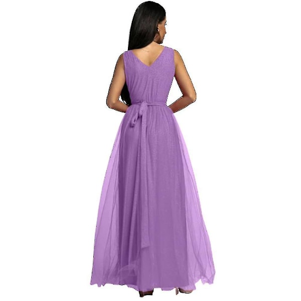 Dame V-hals Brudepige Bryllup Maxikjole Dame Galla Balkjole Aften Cocktailparty Slids Lange Kjoler Purple L