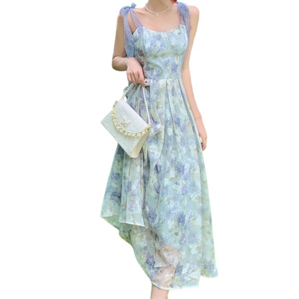 Dame Camisole Blomsterkjole Polyester Materiale Firkantet Krave Kjole Til Udendørs Rejser Strandfest M