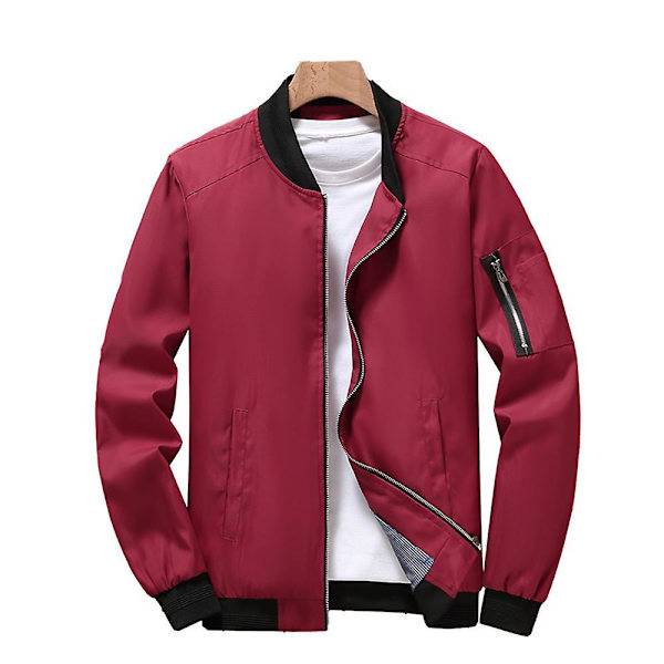 Herr Enfärgad Långärmad Casual Dragkedja Bomberjacka Militär Pilot Flygjacka Ytterkläder Red 2XL