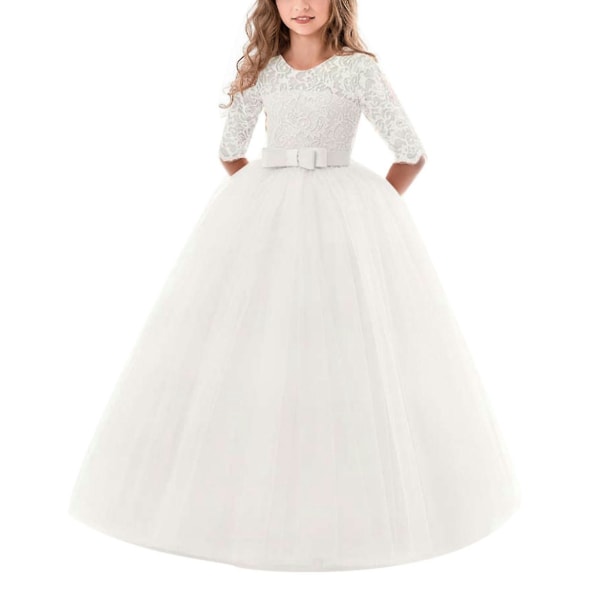 Flower Girl Spetsklänning För Barn Bröllop Brudtärna Pageant Party Bal White 140cm