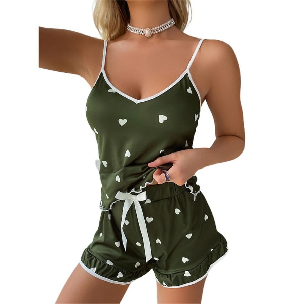 Naisten painettu pyjamasetti kesäyöpuku Cami-toppi shortsit Pjs oloasu Army Green 2XL