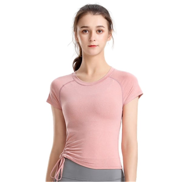 Yoga Tröja Dam Kort Ärm Snabbtorkande Tränings T-shirt Rund Hals Åtsittande Sportkläder Pink S
