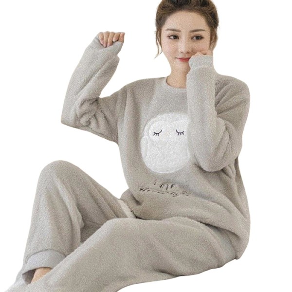 Dam Vinter Flanell Pyjamas Set Söta Tryckta Mjuka Långärmade Topp Och Byxor Loungewear För Kvinnor Flickor Nattkläder Grey Owl L