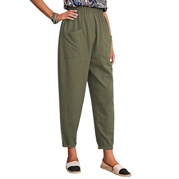 Cropped bukser med elastisk talje, løse, afslappede, lange, ensfarvede bukser Army Green XL
