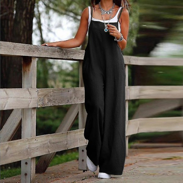 Plus Size Dame Bomull Lin Buksedress Jumpsuit Playsuit Vide Ben Overalls Bukser Black 5XL