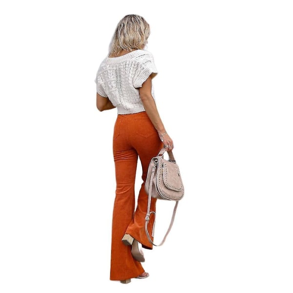 Kordfløyel Slengbukser til Dame Høy Midje Bell Bottom Bukser Orange XL