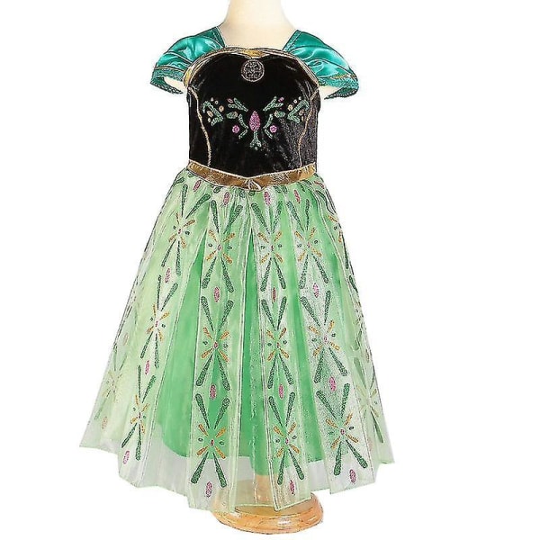Anna Princess Dress Cosplay Costume Girls Blommig Anembroidery Shoulderless Green Dress 150