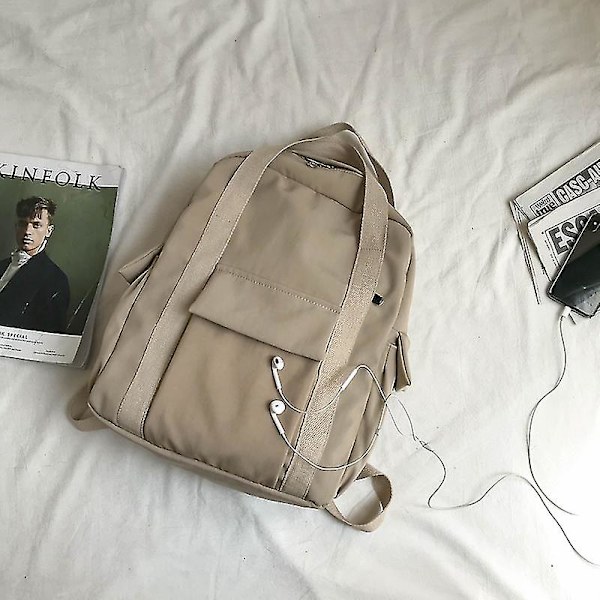 Enfärgad Vattentät Ryggsäck i Nylon för Dam, Enkel Skolväska för Tonårsflickor, Axelväska, Reseryggsäck beige