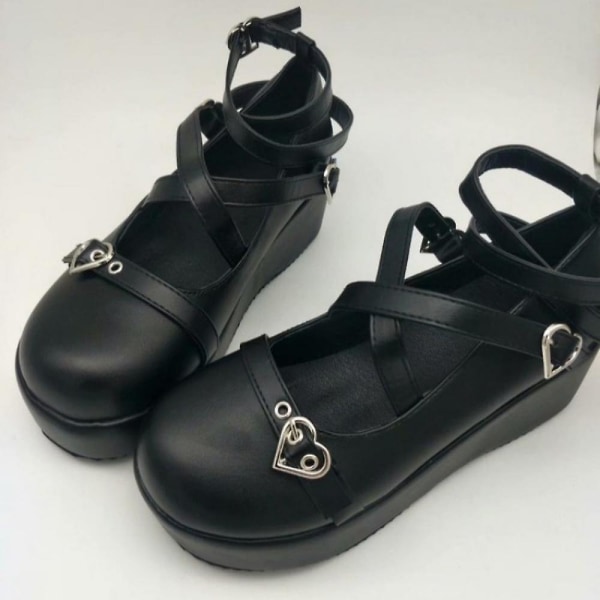 Sweet Heart Spenne Wedges Mary Janes Dame Rosa T-stropp Chunky Plattform Lolita Sko Dame Punk Gothic Cosplay Sko 43 BLACK-87 38