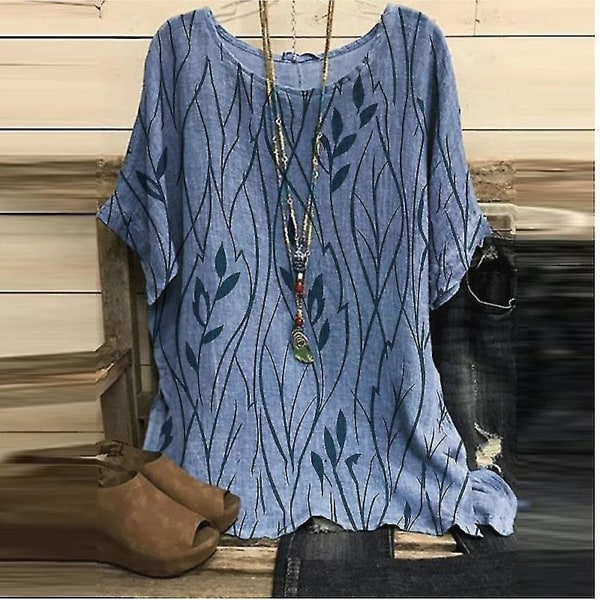 Dame Casual Sommer Toppe Rund Hals Løs T-shirt Hverdags Boheme Basic Pullover Blue 2XL