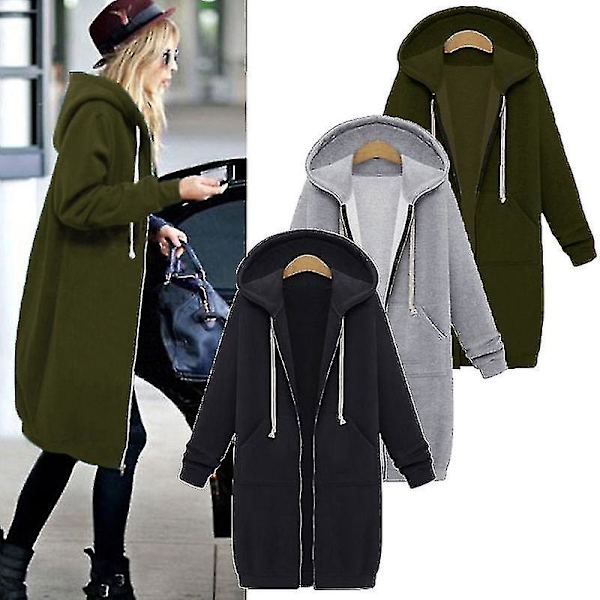 Ledig Dam Långa Huvtröjor Sweatshirt Jacka Dragkedja Ytterkläder Huvjacka Ytterkläder Toppar-b Army Green L