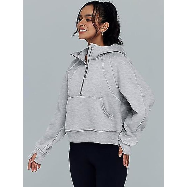Efterår og vinter dame sports half zip yoga dragt løs kort hættetrøje Grey M