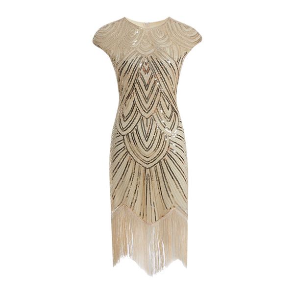 Vintage Flapper Kjoler fra 1920'erne til Kvinder Krystalperlebesatte Frynser Great Gatsby Kjole Abrikos Apricot XL