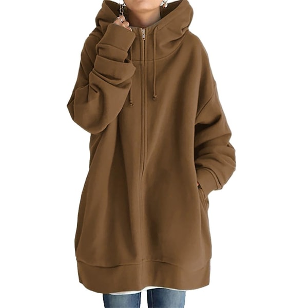 Dam Solid Full Zip Hoodies Coat Casual Outdoor Loose Långärmad Huva Fickor Jacka Ytterkläder Brown L