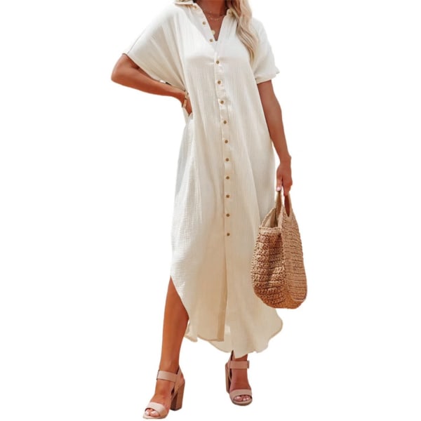Casual cardigan med korte ermer, sidesplitt og knapper for kvinner, kan brukes som strandkjole Beige XXL