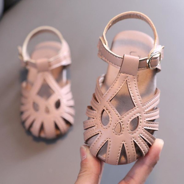 Lasten pehmeäpohjaiset kesäkengät T-remmillä, suljettu kärki, pienten lasten kengät, tyttöjen prinsessa liukueste rantasandaalit Csh1102 Beige 28 Insole18CM