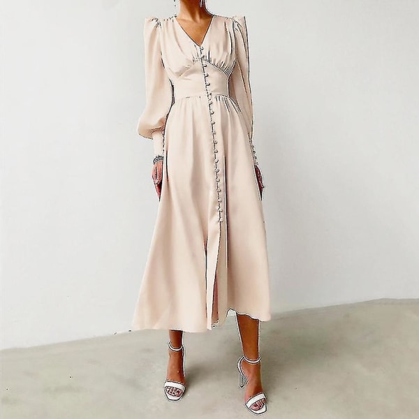 Satengkjole Dame Design Lanternermer Ermer Smal Midje Europa Og USA Temperament Slank Lang Kjole beige M
