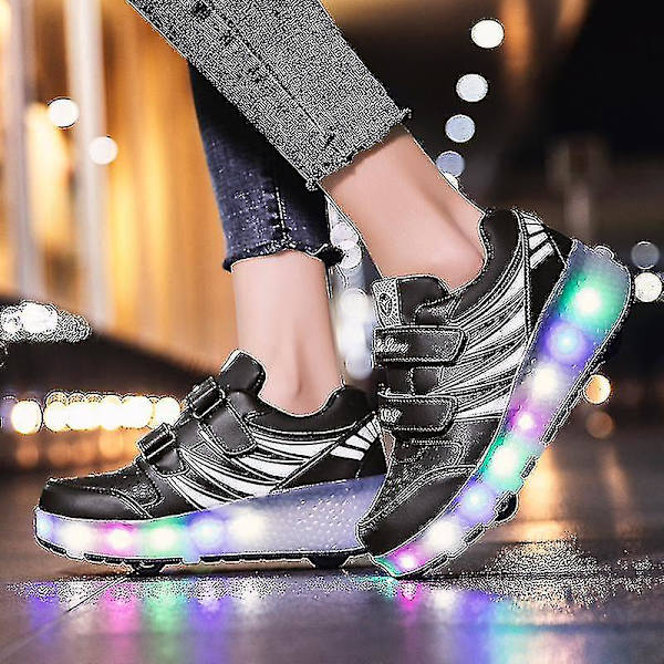 Led Light Up Roller Shoes Dubbelhjul Usb Laddningsbara Skridskor Svart/rosa Black 29